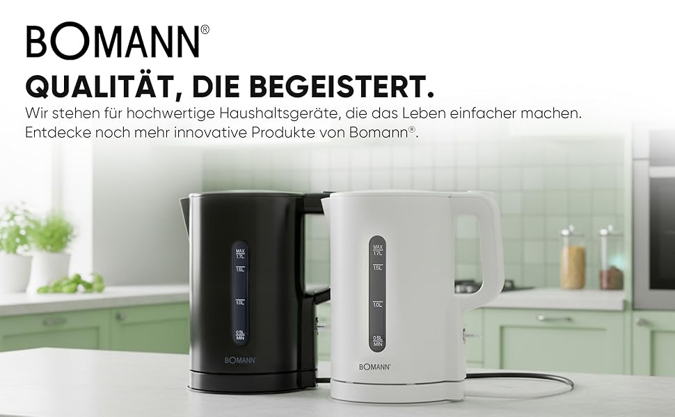 Електричний чайник Bomann WK 6090 CB (1,7л, 2200W, білий) з нержавіючої сталі, BPA Free, з індикатором рівня води та захистом від перегріву