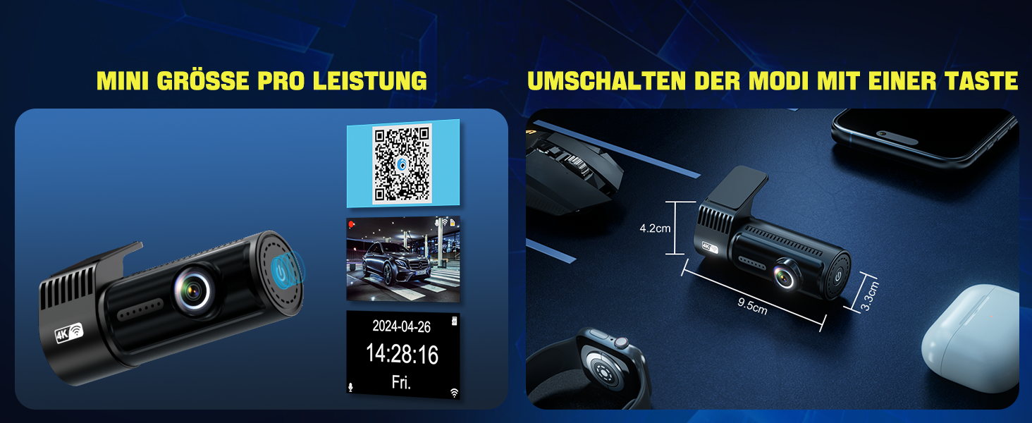 Відеореєстратор AQV Dashcam Auto Vorne und Hinten 4K з WiFi, 64GB SD, G-сенсор, Super Night Vision, 170°+140° Кут огляду, Black-D18