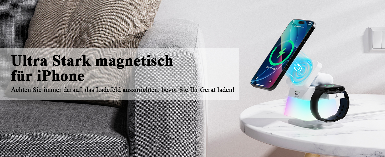 Бездротова зарядна станція 3-в-1 Minthouz Leap Cube 15E, швидка зарядка Qi 15Вт з багатокольоровою підсвіткою для iPhone 16, 15, 14, 13