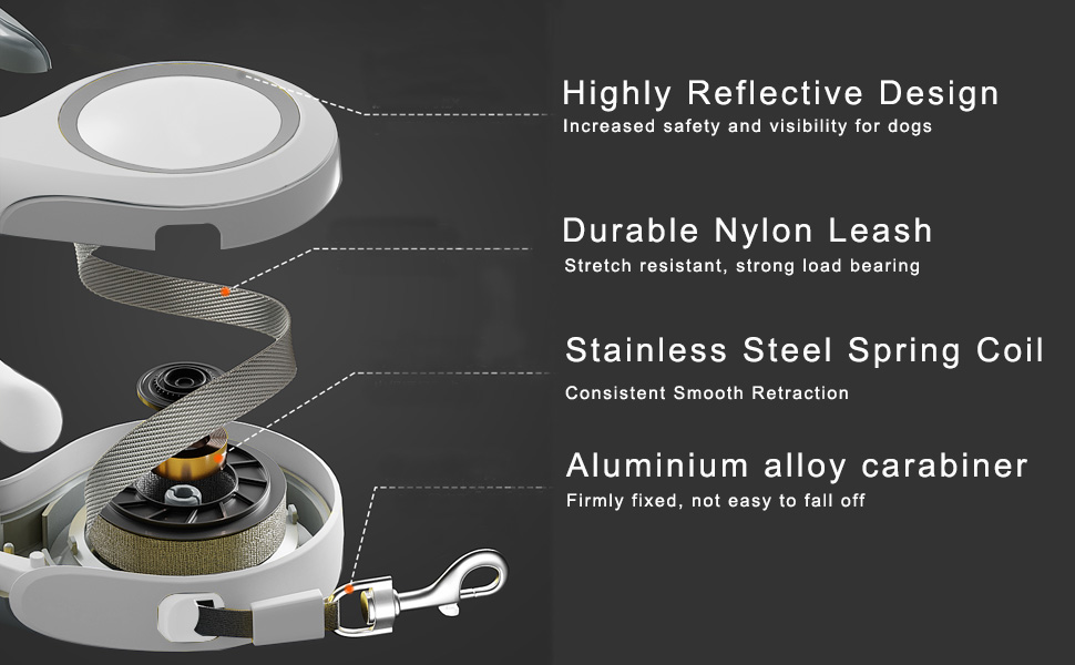 Висувна поводок для собак Marchul, 5 м, для собак до 30 кг, поводок без перекручування 360°, міцний нейлоновий трос, висувний поводок, гальмо однією рукою, пауза, блокування, білий та сірий