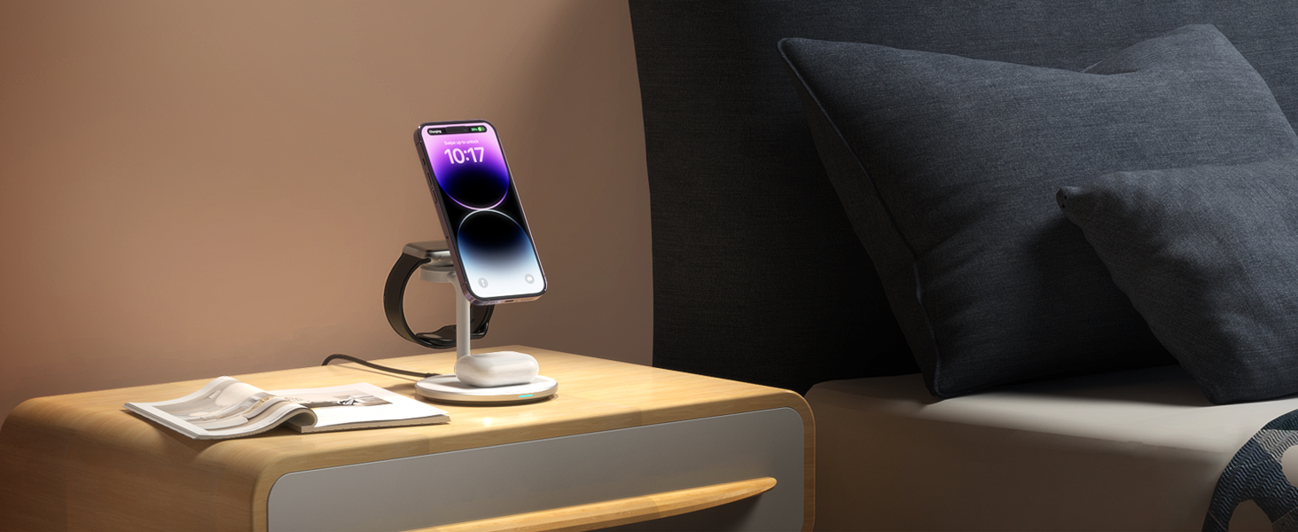 3-в-1 індукційна зарядка для декількох пристроїв, 15W MagSafe зарядка для iPhone 15/14, MagSafe зарядний пристрій для iWatch Ultra 2/1/Series 9/8, AirPods, білий колір