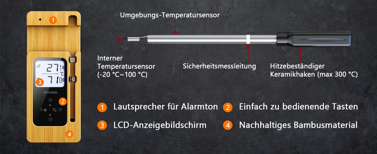 Бездротовий термометр для м'яса AIRMSEN з LCD-дисплеєм, Bluetooth, водонепроникний IPX8, керамічна ручка, додаток для керування, для гриля, духовки та барбекю