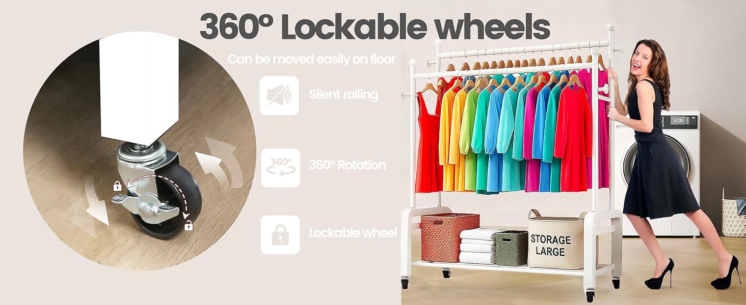 Стійка для одягу на колесах, двоярусна, з двома перекладинами (біла)