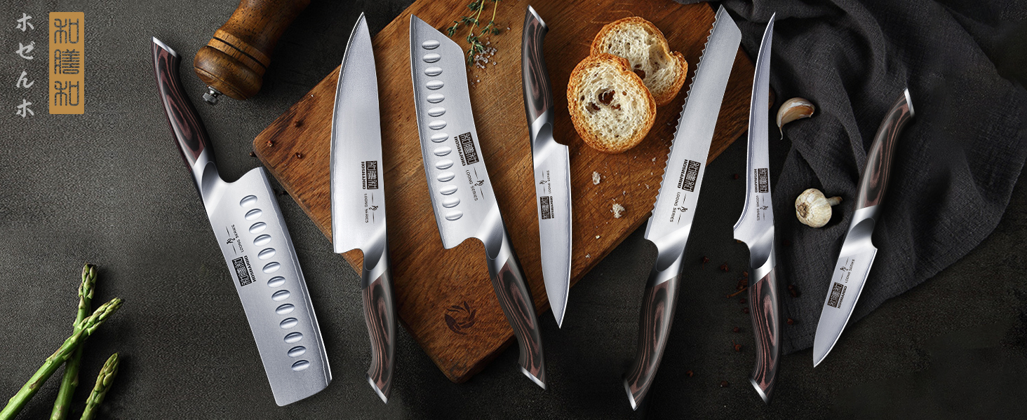 HOSHANHO 8-Piece Knife Set with Wooden Block - Professional Stainless Steel Kitchen Knife Set - Chef's Knife Set for Kitchen (18cm Nakiri Knife, Silver)