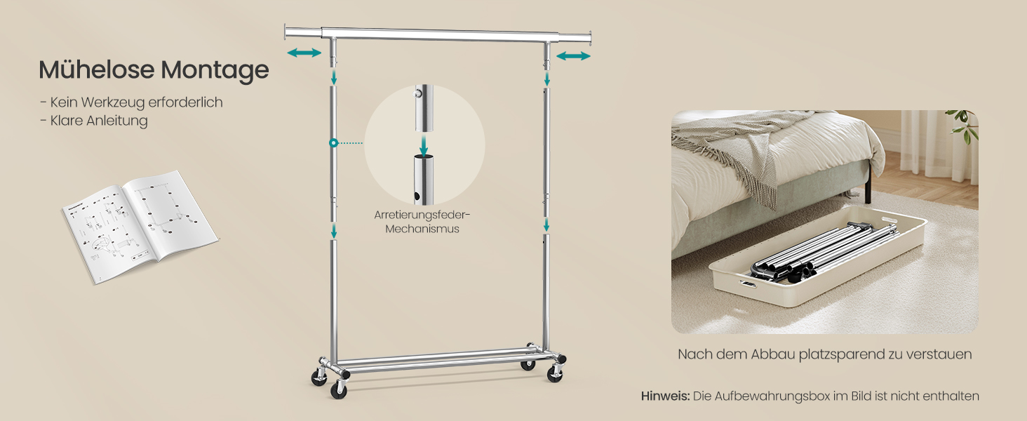 SONGMICS Clothes Rack on Wheels, Heavy-Duty Garment Rack, Extendable Clothes Rod, Load Capacity up to 100 kg, Easy Assembly, Portable, Silver HSR13S