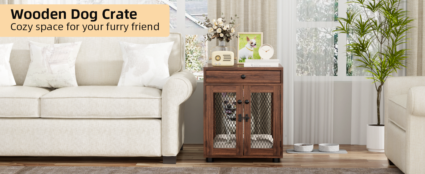 Клітка для собак VOWNER з дерева, 3 двері, з ящиком, 51x60x62 см, для собак до 20 кг, горіховий колір