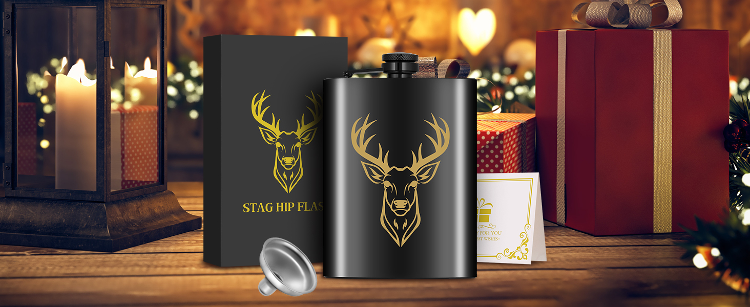 Фляга туристична 237мл з нержавіючої сталі, з воронкою та листівкою, подарункова коробка, з візерунком 'Золотий олень'