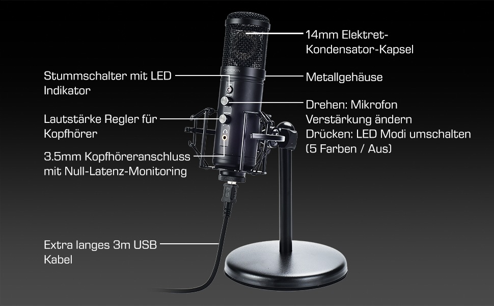 USB мікрофон DOCKIN® MP2000 для ПК, геймінгу, подкастів та стрімінгу - мікрофон з USB для запису звуку з важким штативом. Якість звуку 130dB.