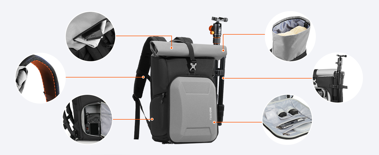 Рюкзак для камери Tarion Rolltop: професійний фоторюкзак з жорсткою оболонкою, відділенням для 16-дюймового ноутбука, сумісний з DSLR/SLR камерами, об'єктивами та штативом (сірий)