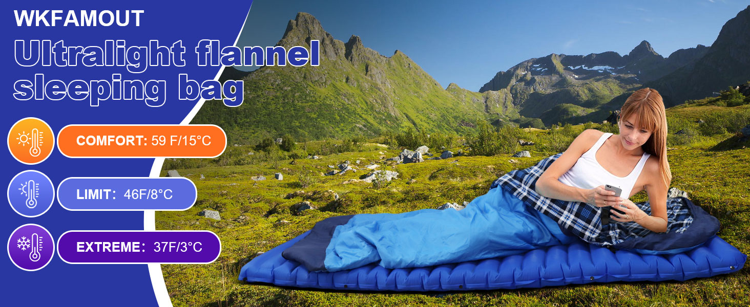 Спальний мішок WKFAMOUT Ultralight Flanell для дорослих, 220x80 см, блакитний. Підходить для кемпінгу, подорожей, літа. Легкий, компактний, машинного прання.