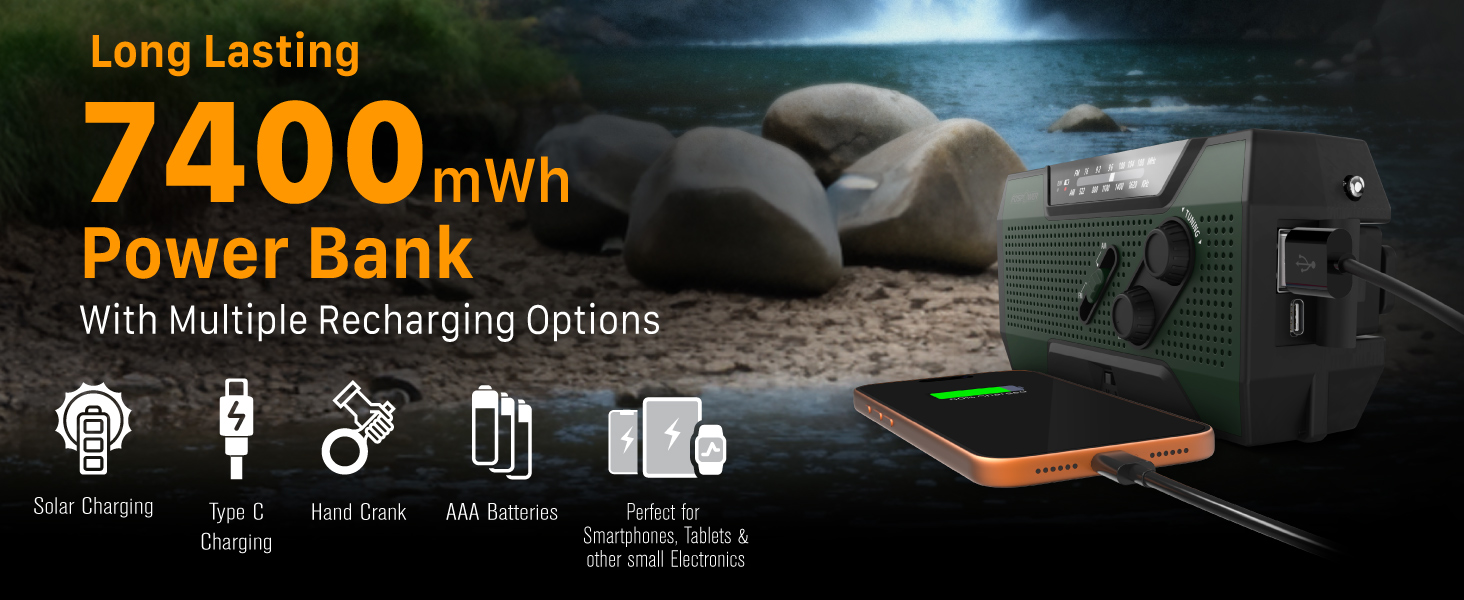 Радіоприймач FosPower NOAA/AM/FM з Power Bank 19240 мАг (5200 мАг) - сонячна/USB зарядка, ручний генератор, SOS-сигнал, ліхтарик, помаранчевий (Модель A1)