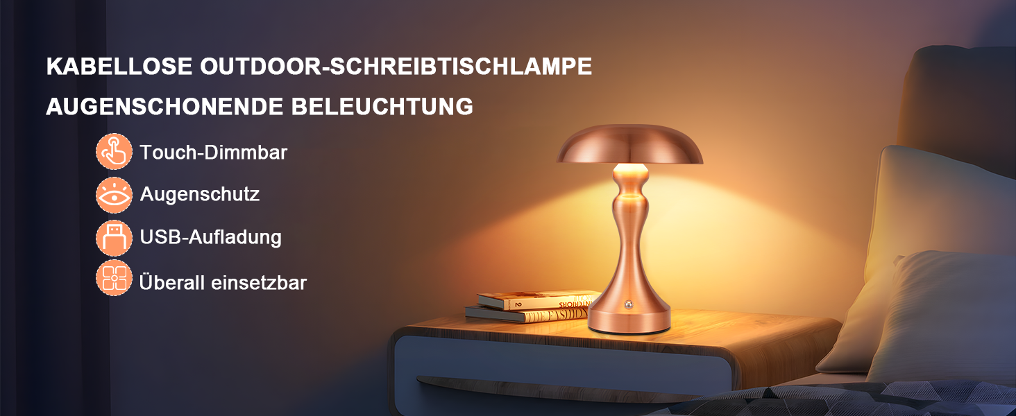 Бездротова настільна лампа з LED-підсвічуванням, сенсорне керування, регулювання яскравості, вінтажний стиль, USB-зарядка, нічник для спальні/вітальні (червоно-бронзова, 2 шт.)