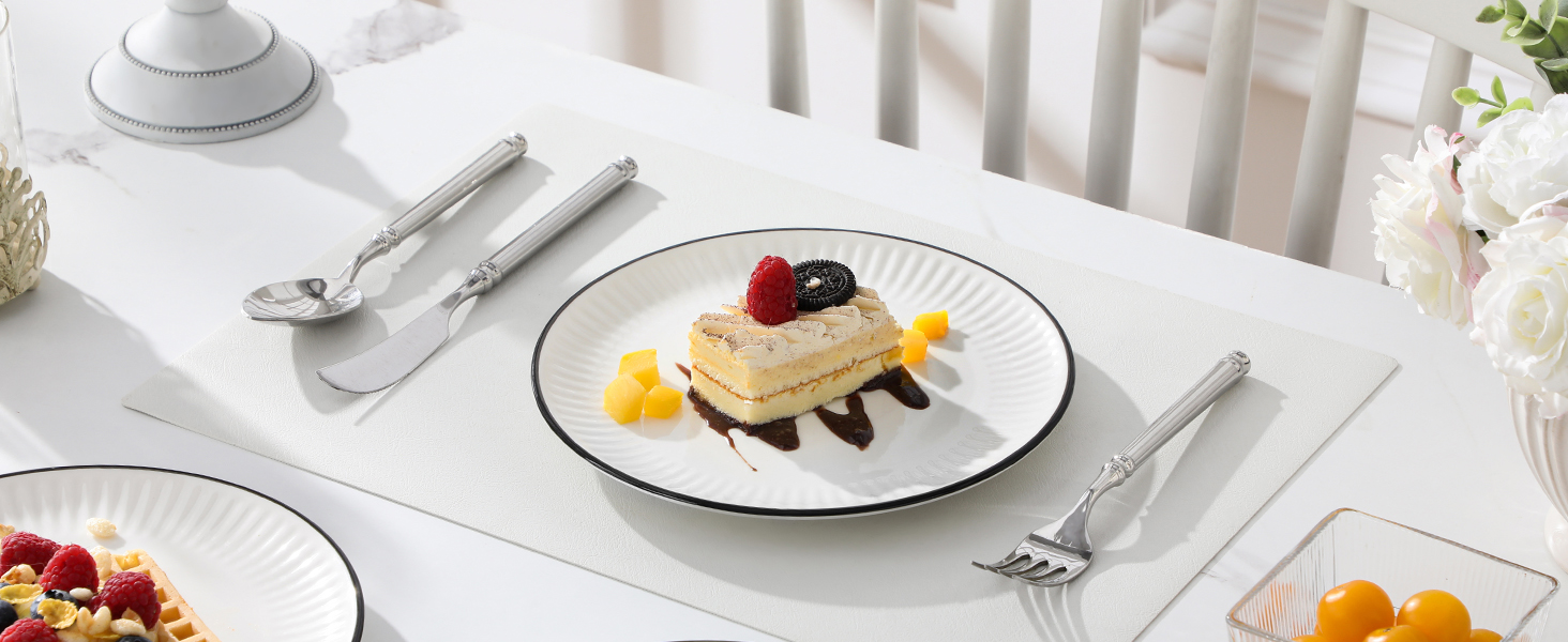 Набір посуду MALACASA LEILA для 6 осіб, 24 предмета: тарілки, миски, порцеляна, ручне рельєфне оформлення, підходить для мікрохвильової печі та посудомийної машини, білий з чорним контуром