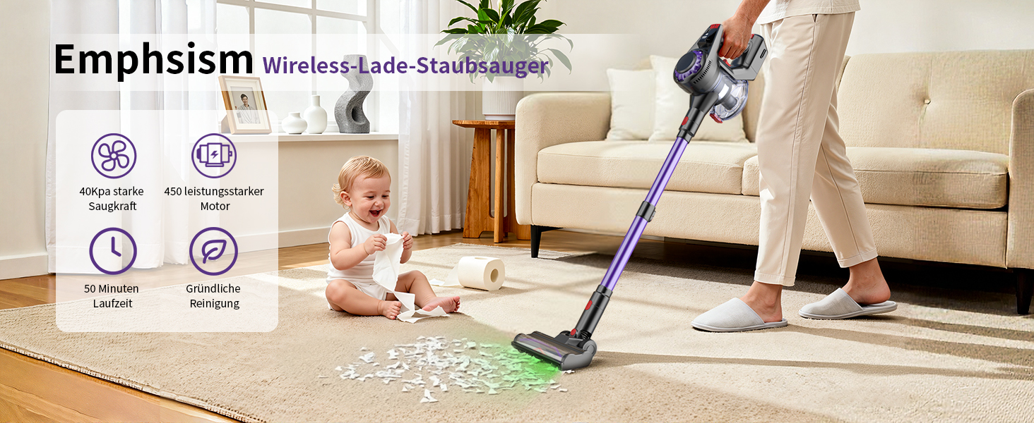 Бездротовий акумуляторний пилосос 450W, 40KPa, без мішка з HEPA-фільтром та LED-дисплеєм, антизаплутана щітка, самостійна підставка з кріпленням на стіну, час роботи 50 хв, для килимів, твердих підлог, шерсті тварин та авто