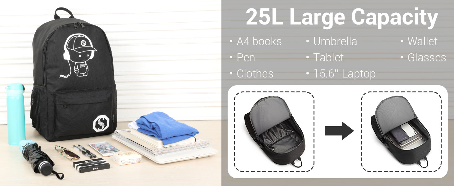 Шкільний рюкзак KONO для підлітків, чорний, світловідбиваючий, легкий, водонепроникний (30x17x48 см)