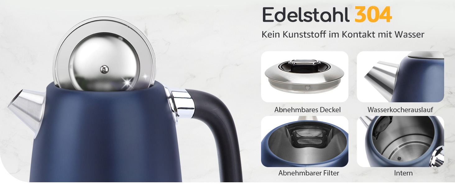 Електричний чайник Aigostar з регулюванням температури, 1,7 л, ретро-дизайн, матове покриття, цифровий дисплей, функція підтримки тепла, без пластику всередині, BPA-free (темно-синій)