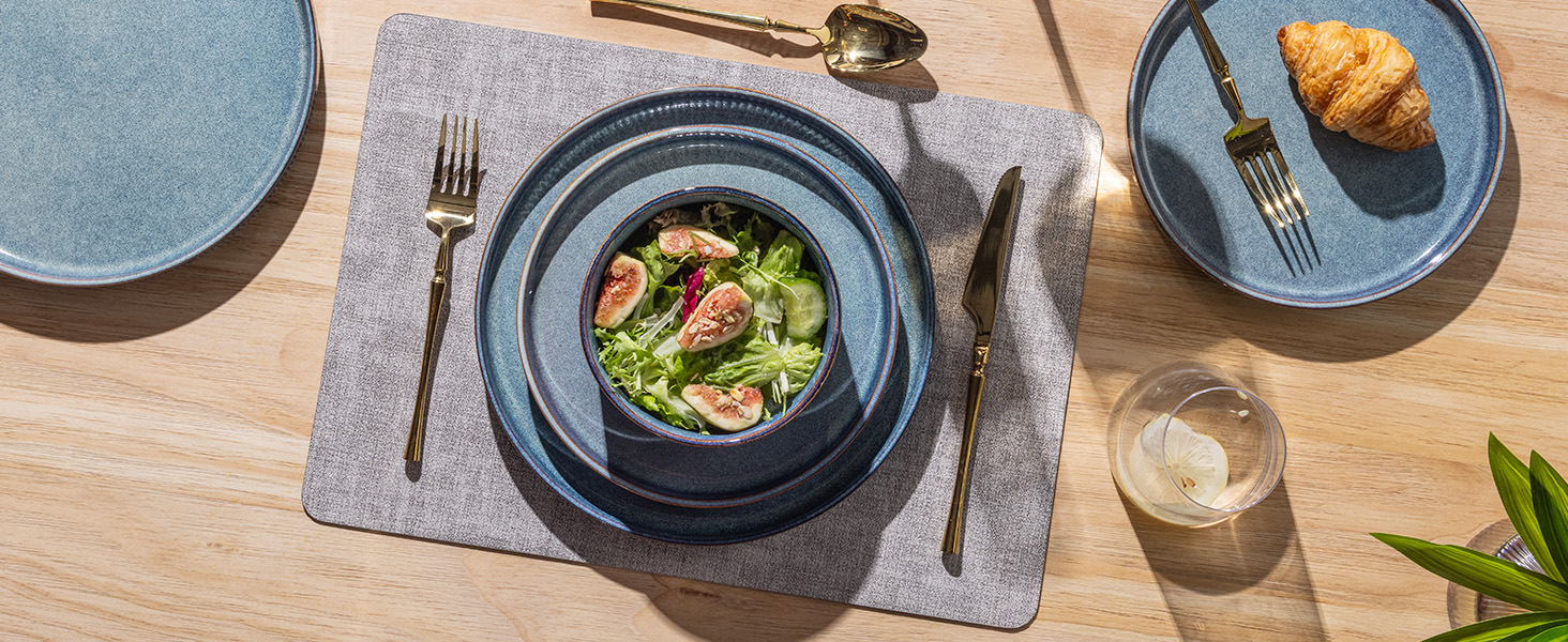 Набір посуду GBhome з каменю, 24 елементи, ручна робота, для 6 осіб, стійкий до миття в посудомийній машині та мікрохвильовій печі, керамічний посуд, блакитний колір