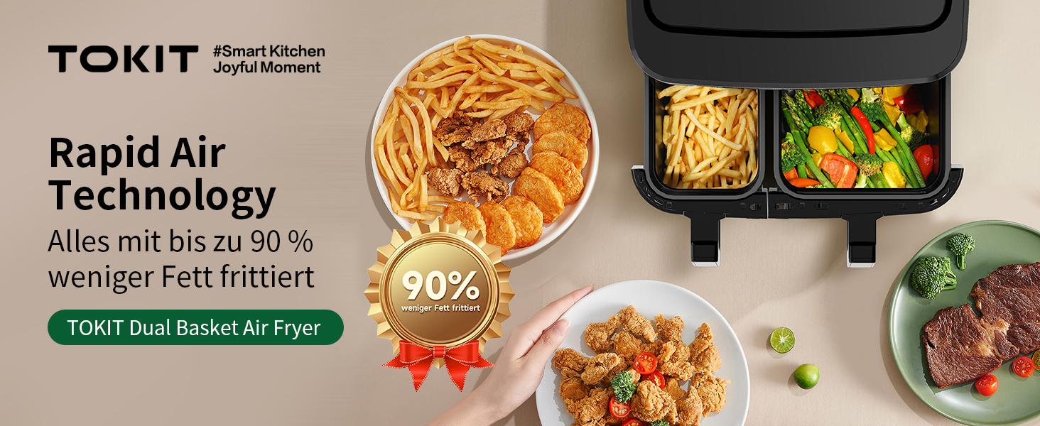 Фритюрниця TOKIT з подвійним зондом, 2800 Вт, 10 л, 12 програм, з вікном, без олії, 2 ящики, LED-touchscreen, 90% менше жиру