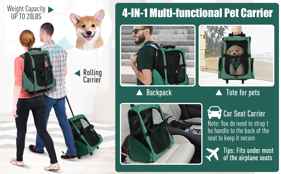 PawHut Рюкзак-переноска для собак та котів 2-в-1 з кишенями, телескопічною ручкою та колесами, 42 x 25 x 55 см, Зелений