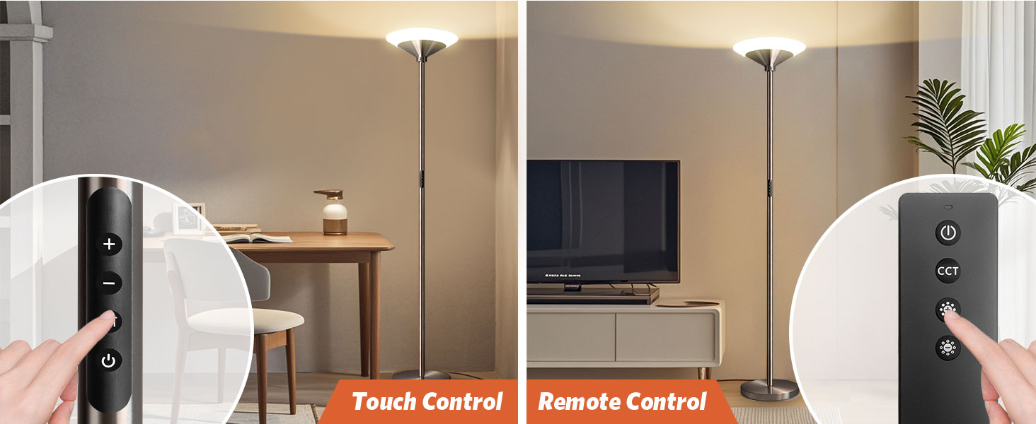 LED торшер BBHome для вітальні з регулюванням яскравості, 27W, з лампою для читання 6W, дистанційним керуванням та сенсором, 3000K-6500K, срібний