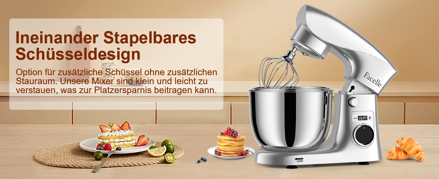 Кухонна машина-міксер Facelle 1500W з 5.5/4.5л чашею, 10+ програм, тиха робота, набір насадок (крюк, вінчик, віночок, захист від бризок)