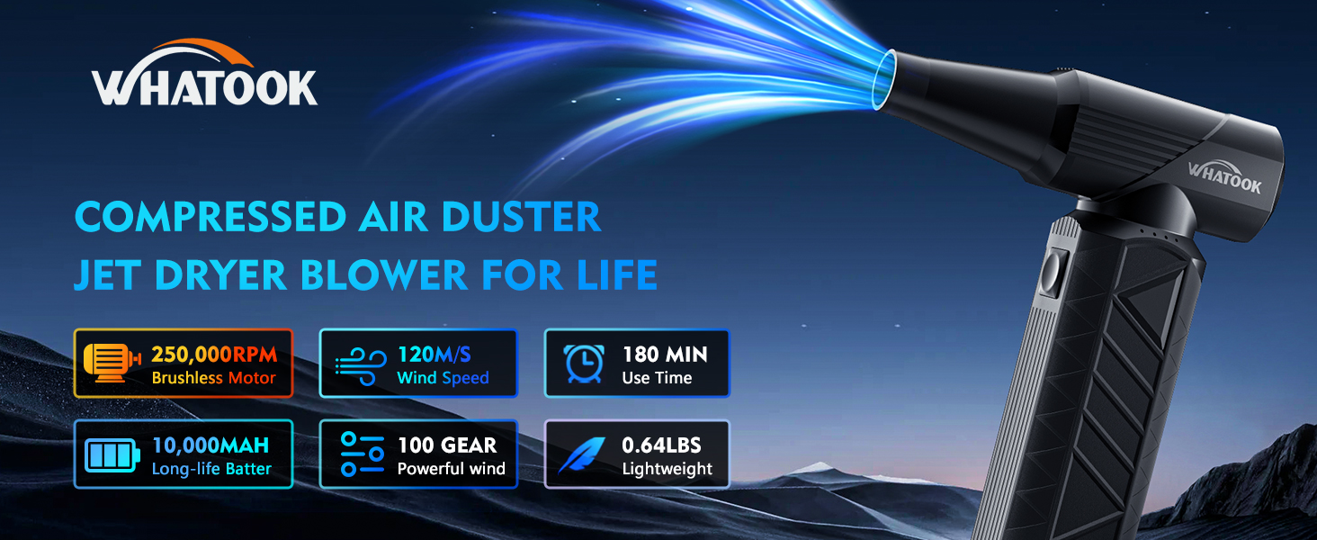 Професійний бездротовий повітряний пилосос WHATOOK W02: Регулювання швидкості, 250 000 обертів/хв, безщітковий двигун для клавіатури, ПК, авто та дому
