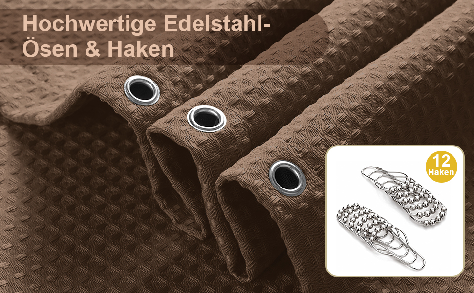 Штора для ванної кімнати Waffel з кільцями, тканинна, водовідштовхувальна, антигрибкова, 182x182 см, біла (Waffel - коричневий, 244x182 см)