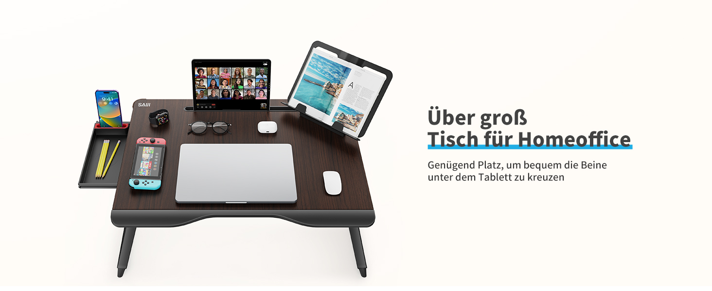 SAIJI Розкладний столик для ноутбука XXL з ящиком та підставкою для книг/телефону (65 x 49 x 30 см, чорний)