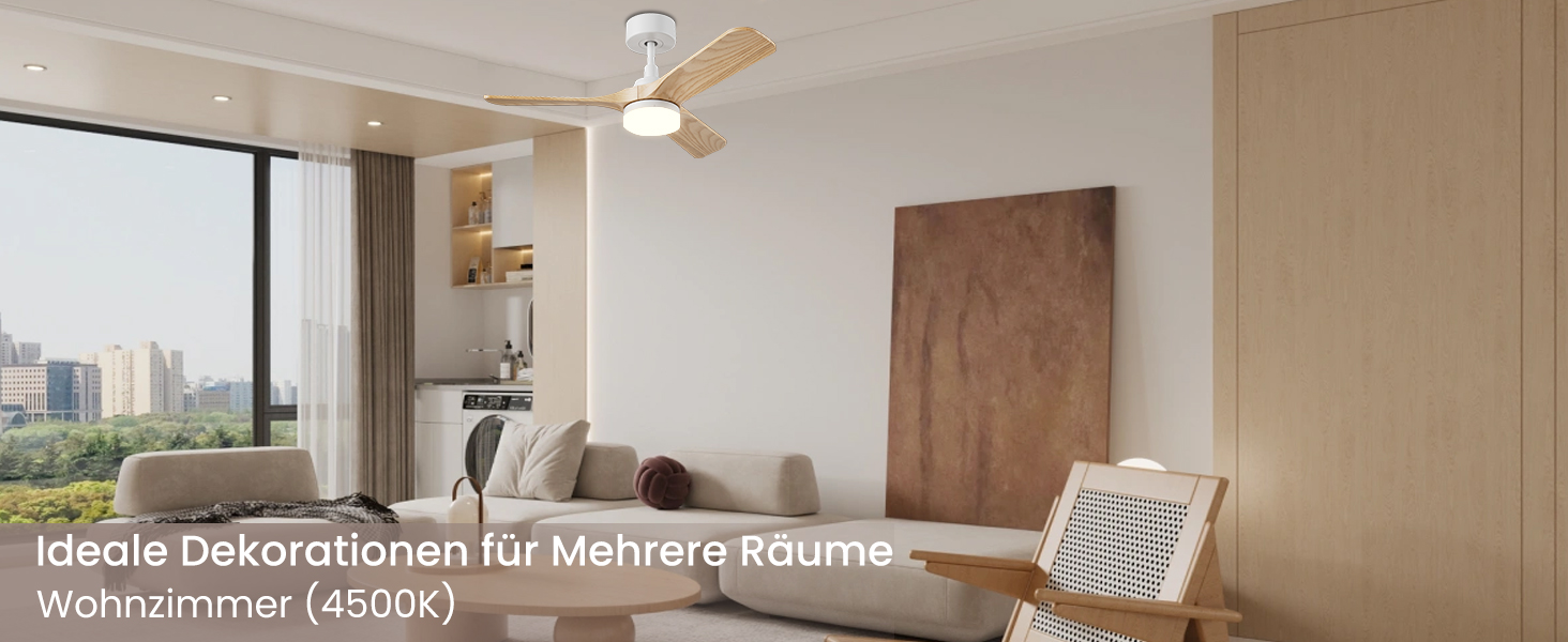 Стеляний вентилятор Holz з підсвіткою, тихий DC-двигун, 90 см, для вулиці, 3 дерев'яних лопаті, диммування LED 24W, пульт з пам'яттю, 6 швидкостей, таймер (світла текстура дерева, 75 см)