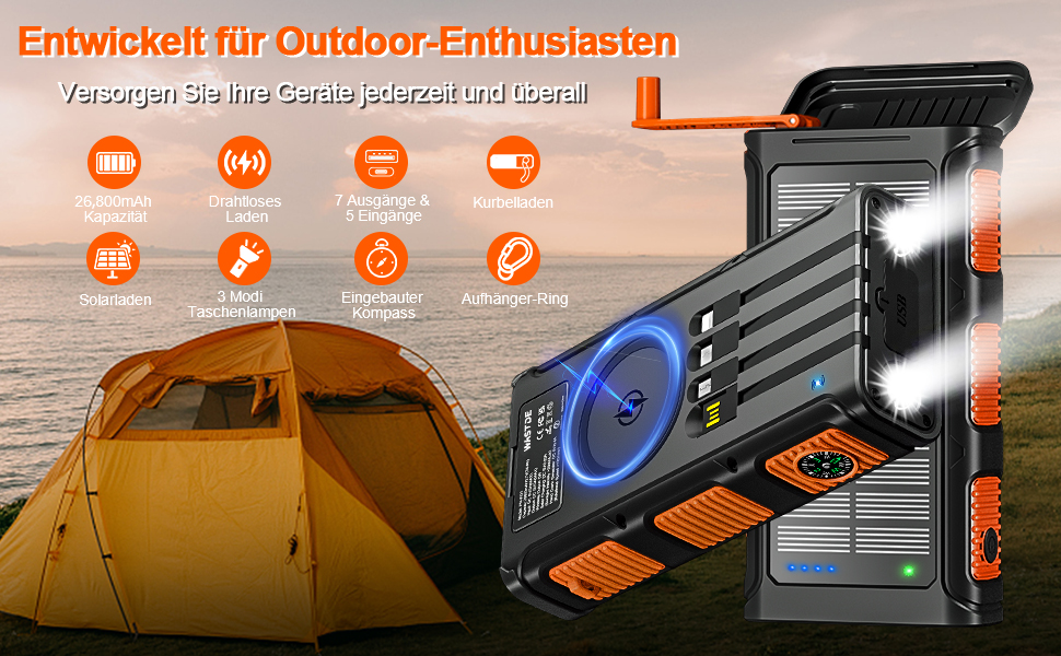 Портативний зарядний пристрій Powerbank 26800 mAh з сонячною панеллю та ручкою, 4 кабелі, USB-C, швидка зарядка, 7 виходів, 4 входи, для мобільного телефону, водонепроникний, зовнішній акумулятор для кемпінгу, оранжевий