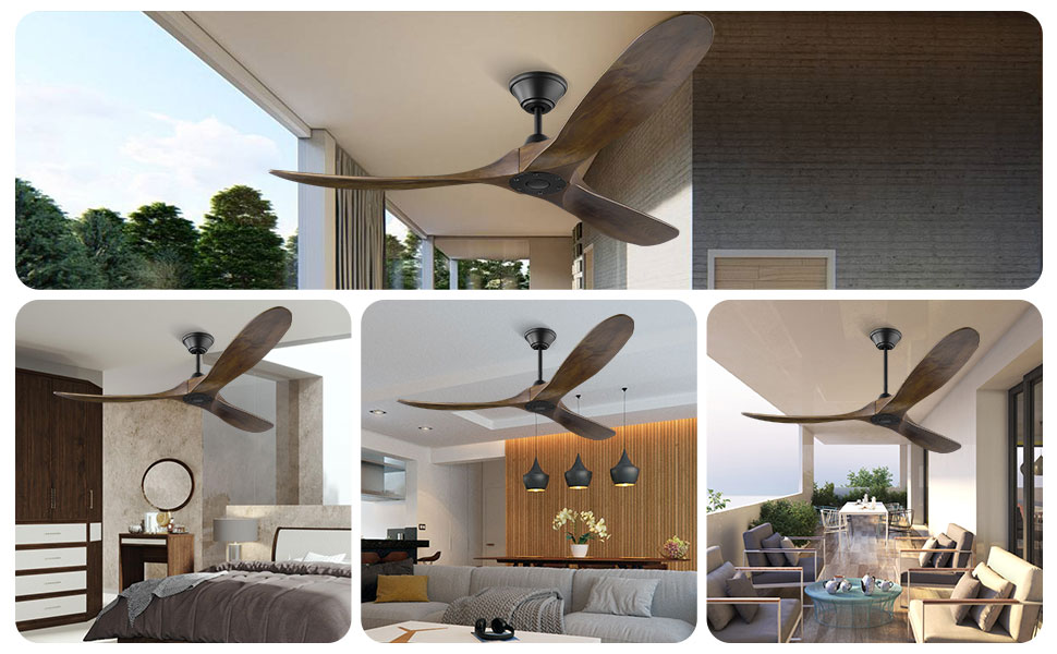 Дерев'яний стельовий вентилятор 152 см з дистанційним керуванням, 60 дюймів, 3 лопаті, DC-двигун, для дому та вулиці, таймер, коричневий