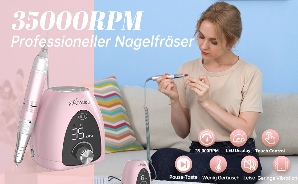 Електричний фрезер для нігтів Nagelfräser 6 в 1 з LED дисплеєм, 35000 об/хв, для манікюру, Shellac, Acrylgel, безпечний для початківців та професіоналів, рожеве золото