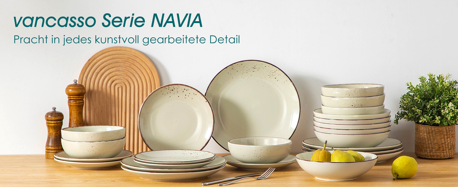 Набір керамічного посуду Vancasso NAVIA (24 частини) для 4 осіб, бежевий, набір посуду з тарілок, салатників та мисок