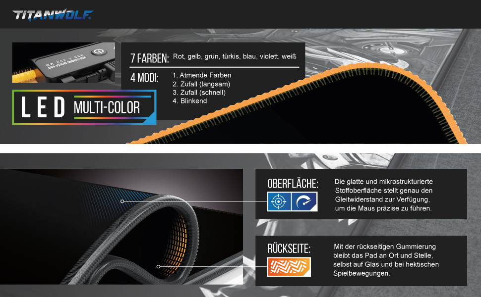 Ігровий килимок для миші TITANWOLF RGB LED XXL (800x300 мм), багатоколірна підсвітка, 11 режимів, вологостійкий, чорний (Black Pro)