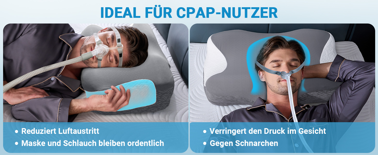 Подушка CPAP Elviros з піни Memory Foam для сну на боку, регульована по висоті та жорсткості, сумісна з масками, сіра (Нейлон, Еластан)