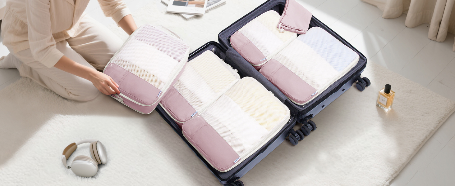 Набір органайзерів для валізи Narwey (6 шт.) - кубики для пакування з компресією, бежевий. Організація подорожей та зручне пакування речей.