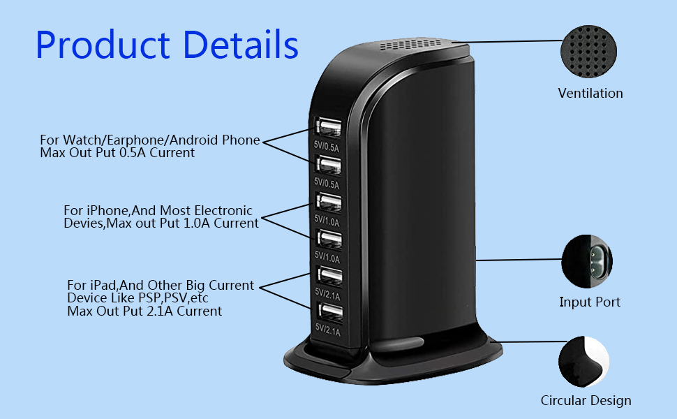 Зарядний пристрій USB мережевий 30W, 6 портів, для iPhone 12/13/14, Samsung Galaxy S22 Ultra/Z Fold/Z Flip, планшетів - Чорний