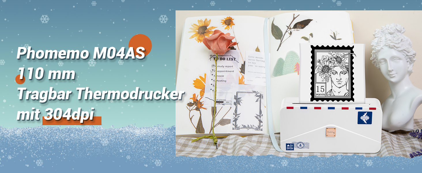 Phomemo Mini Drucker M04AS: компактний термальний принтер з Bluetooth для iOS та Android, 15/53/80/110 мм ширина друку, 300DPI, для документів, фото, етикеток