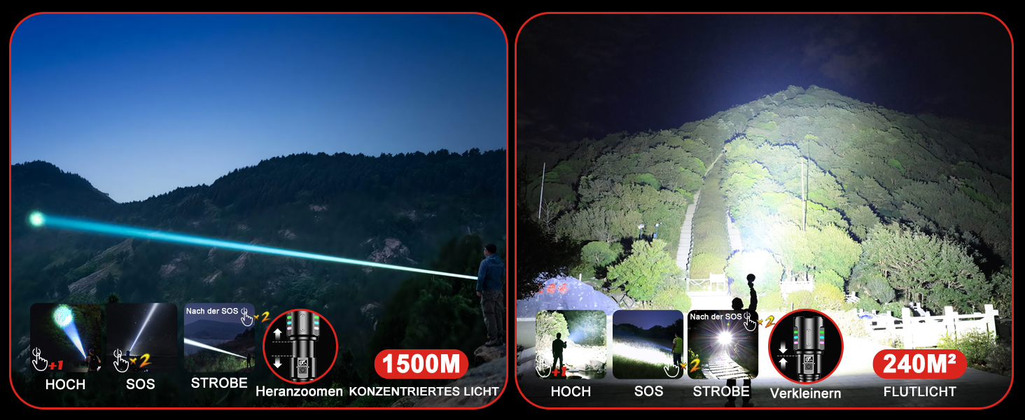 Ліхтар LED акумуляторний тактичний, 500000 люмен, 5 режимів, плавне регулювання яскравості, для кемпінгу та надзвичайних ситуацій, чорний