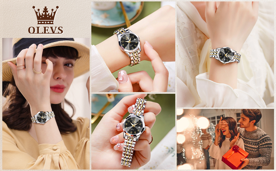 Годинник жіночий OLEVS з нержавіючої сталі, кварцовий, з датою, водонепроникний, чорний циферблат, двоколірний браслет