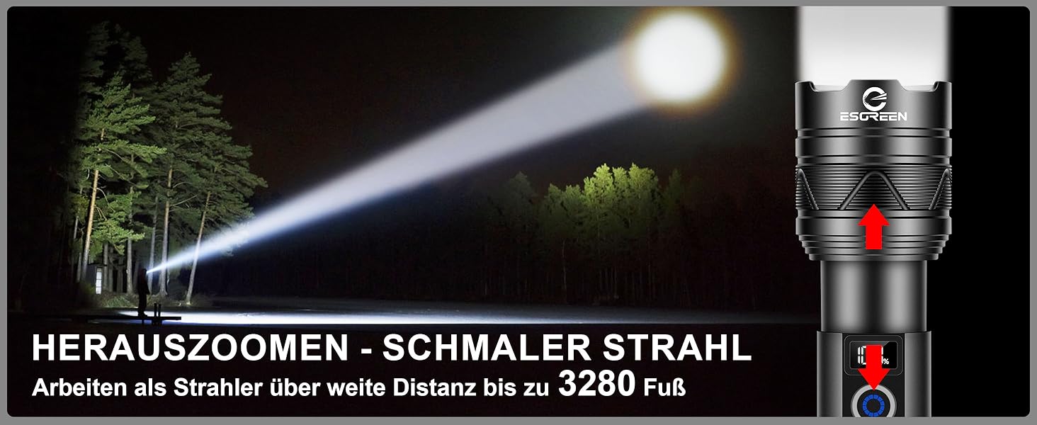 LED ліхтарик Esgreen 500000 люменів - тактичний, потужний, з USB-C, зумом, 5 режимів, для кемпінгу та безпеки