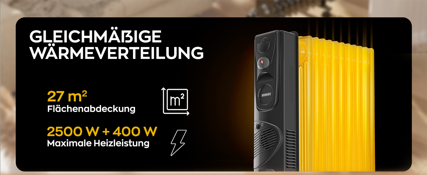 Електричний масляний радіатор Heinrich з 13 ребрами, 2500W, з вентилятором, терморегулятором, захистом від перегріву та нахилу, чорний