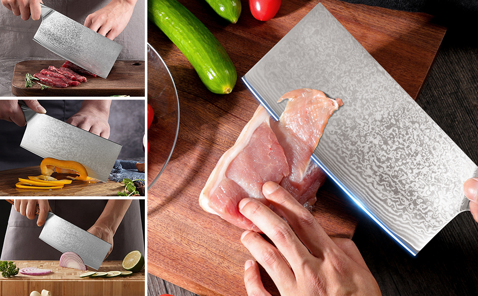 Ніж кухарський Дамаск Шарф: професійний ніж для м'яса з дамаської сталі, ручна робота, з антиковзним дерев'яним руків'ям, у подарунковій коробці