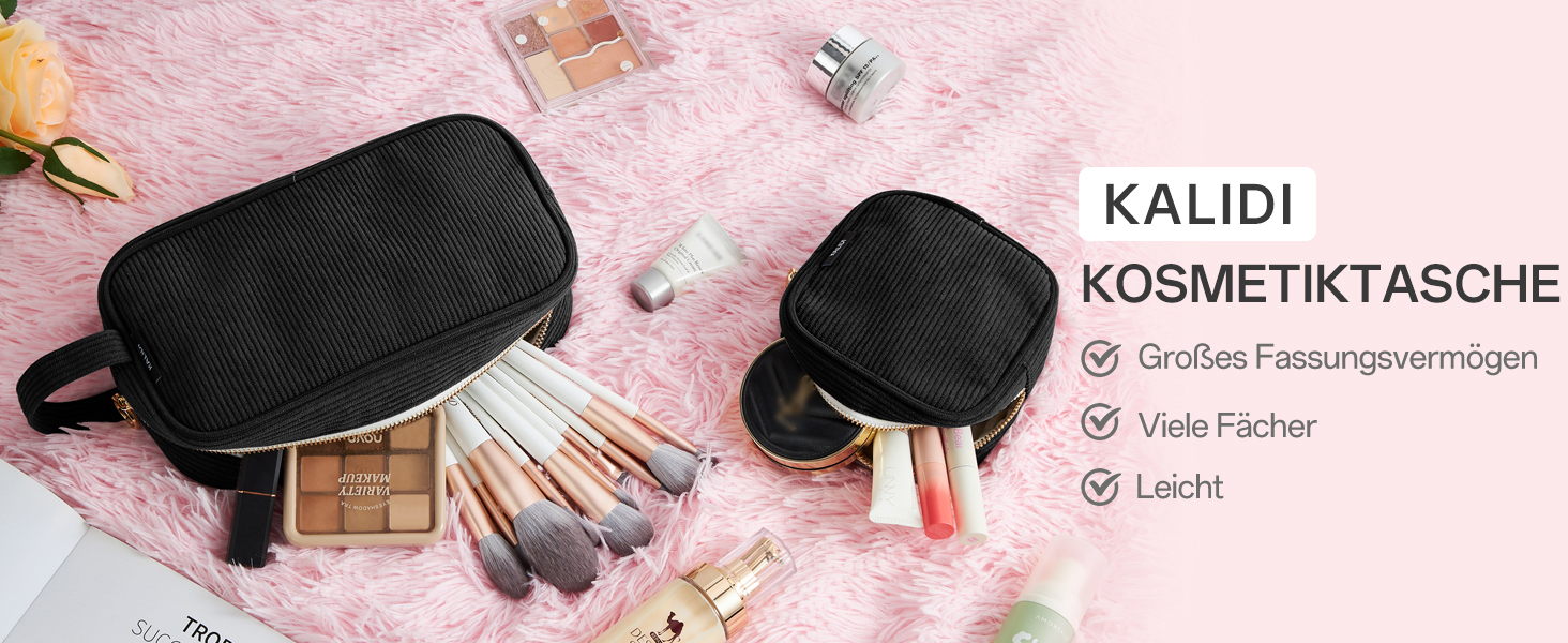 Косметичка для жінок Kalidi з корду, містка, з відділеннями, металева блискавка, для подорожей, темно-зелений (чорний)