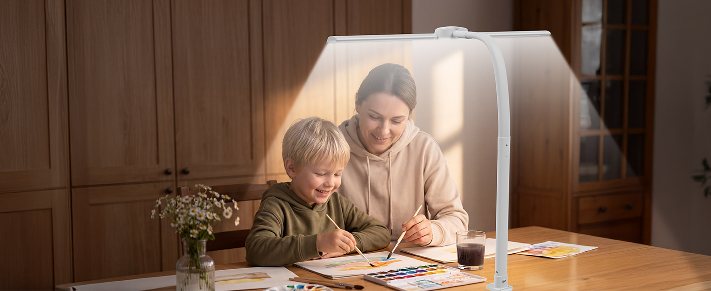 Світлодіодна настільна лампа з димером LED 24W, 1400LM, подвійний гнучкий винос, пульт, USB зарядка, білий колір T01