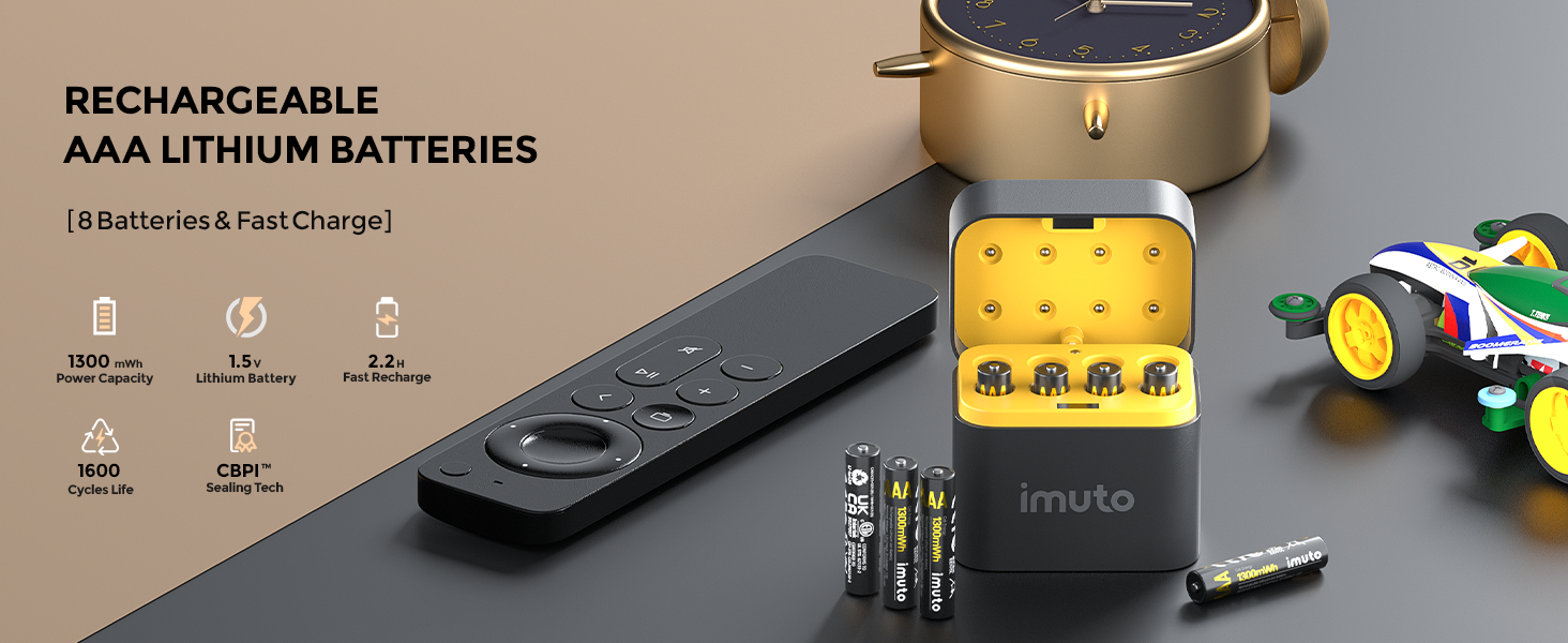 Акумулятори AAA Imuto 8 шт. з зарядним пристроєм, 1300 мАг, Li-ion, 1.5V