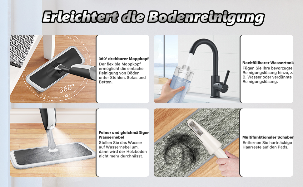 Швабра з розпилювачем MANGOTIME: мокрою шваброю для миття підлоги з баком та 4 накладками. Підходить для більшості типів підлоги. Чорний колір.