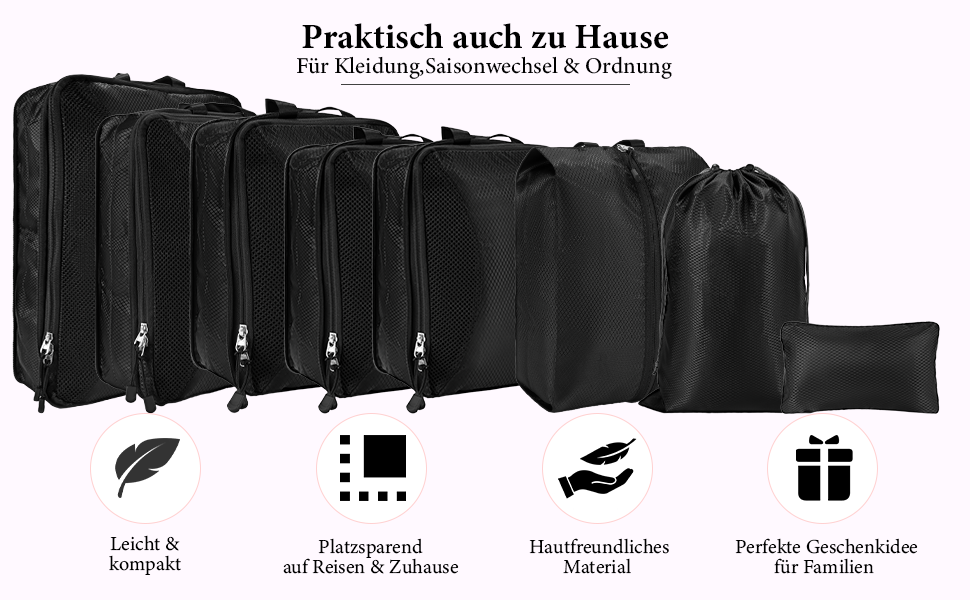 Органайзер для валізи KiwiPower, 8 шт. – комплект компресійних кубиків для одягу, чорний
