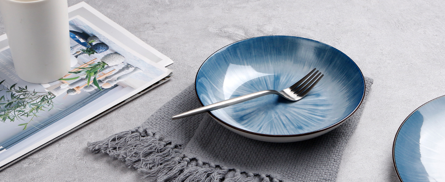 Тарілки для пасти NUTRIUPS 20.5 см, 6 шт. Керамічні тарілки для супу 500 мл, 8 дюймів, мікрохвильова та посудомийна машини, блакитні, набір