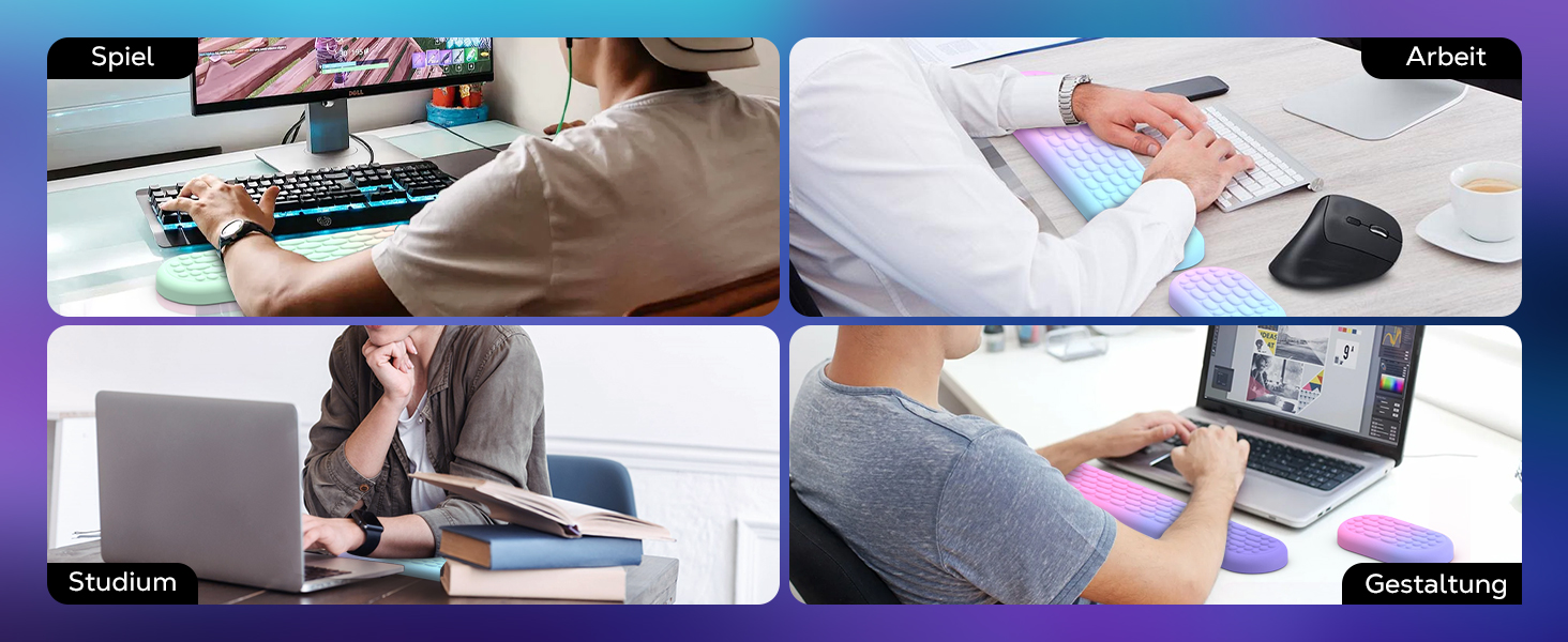 Клавіатура MoKo з підставкою для зап'ястя: ергономічна, з Memory Foam, для роботи, ігор та ноутбуків, рожево-фіолетовий градієнт